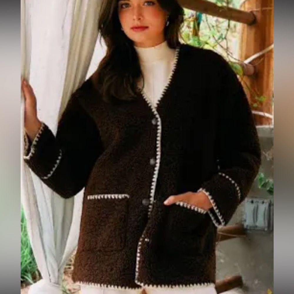Skies are Blue chocolate brown jacket contrast trim L fuzzy teddy boho